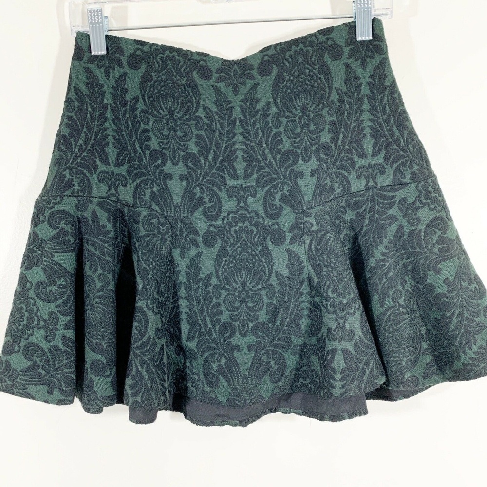 Zara Green Black Flocked Velvet Tapestry Skirt S